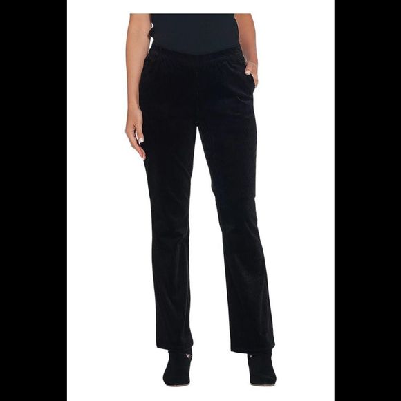 Denim & Co. Stretch Corduroy Pull Lightly Bootcut Pants Black - Petite - Picture 1 of 1